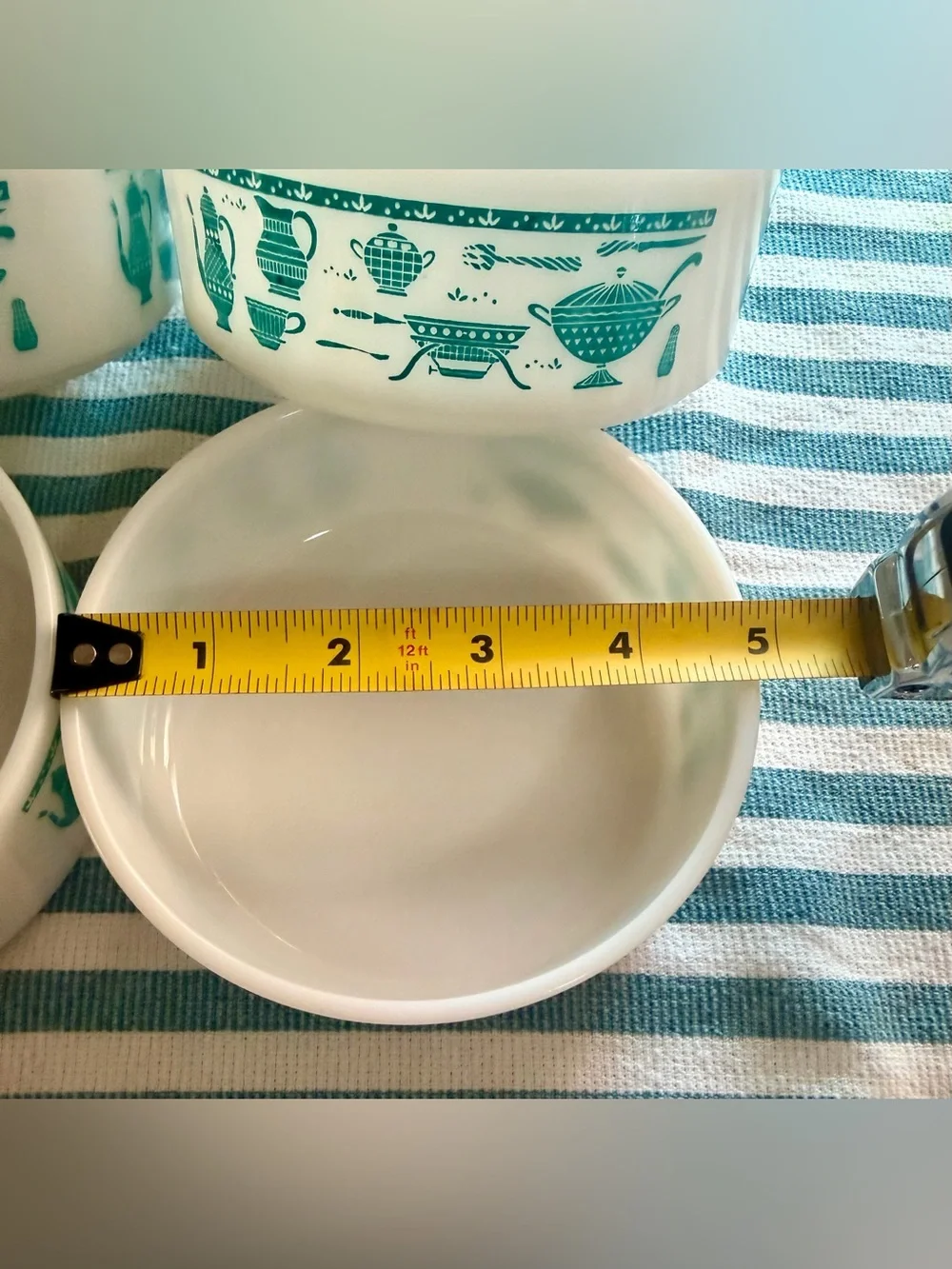 Vintage 1950s Hazel Atlas Kitchen Aids Milk Glass Turquoise Teal Set of 4 Bowls